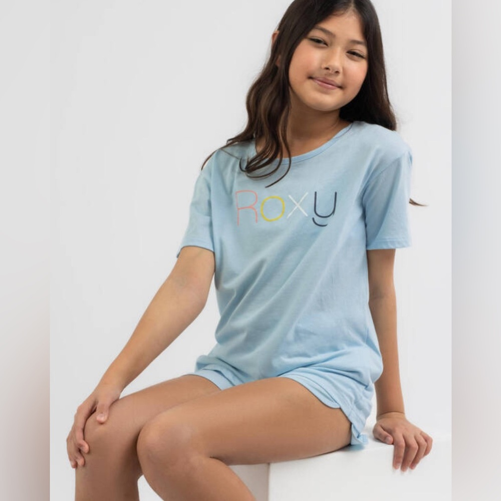 Roxy Girls Day & Night Light Blue Logo Organic Cotton T-Shirt    12/L       NWT
